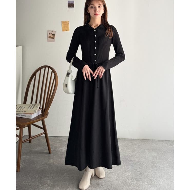 ブラック | 一枚で上品なラク可愛いが完成！ウエストリボンニットワンピース（ロング丈） | Classical Elf 