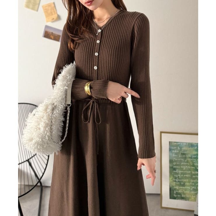 ブラウン | 一枚で上品なラク可愛いが完成！ウエストリボンニットワンピース（ロング丈） | Classical Elf 