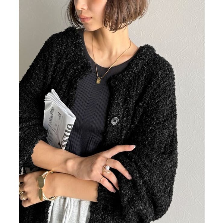 ブラック | エアリーな抜け感。大人のリボンヤーン前後2wayニットカーディガン（長袖） | Classical Elf 