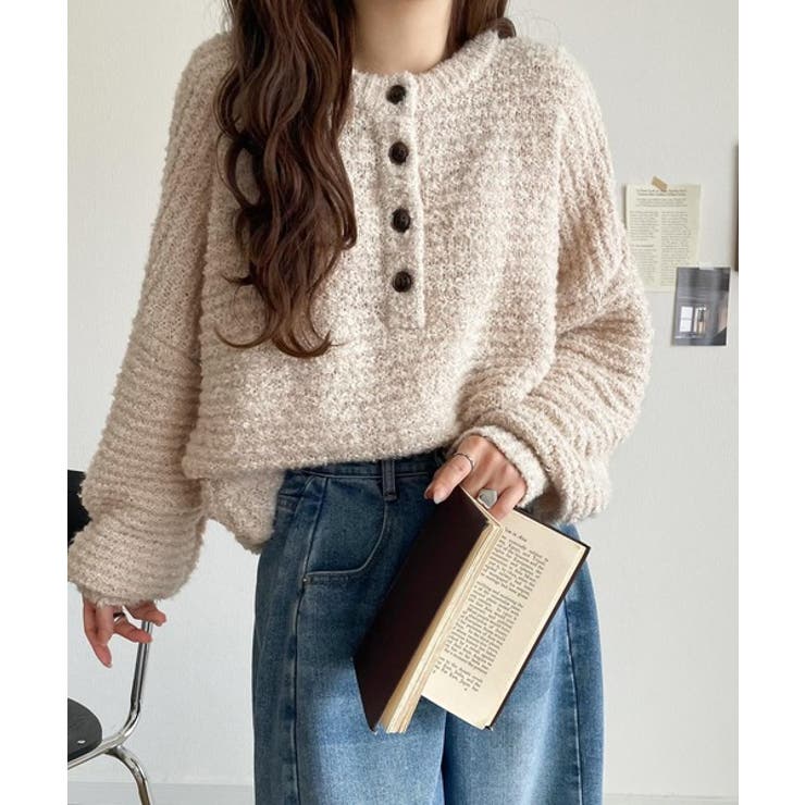 ベージュ | ふんわり愛されスタイル♪前後2wayヘンリーネックニット（長袖） | Classical Elf 