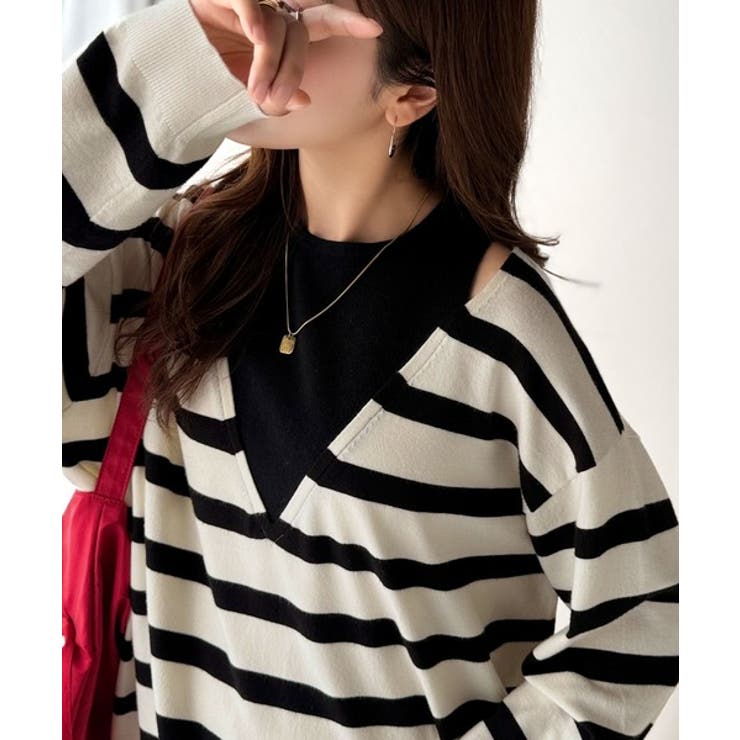 ブラックボーダー | 一枚着るだけで、大人の抜け感を演出♪レイヤード風ニットトップス（長袖） | Classical Elf 