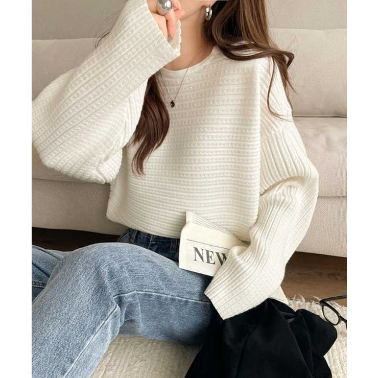 オフホワイト | ゆるリブの抜け感。ドルマン袖クルーネックニットトップス（長袖） | Classical Elf 