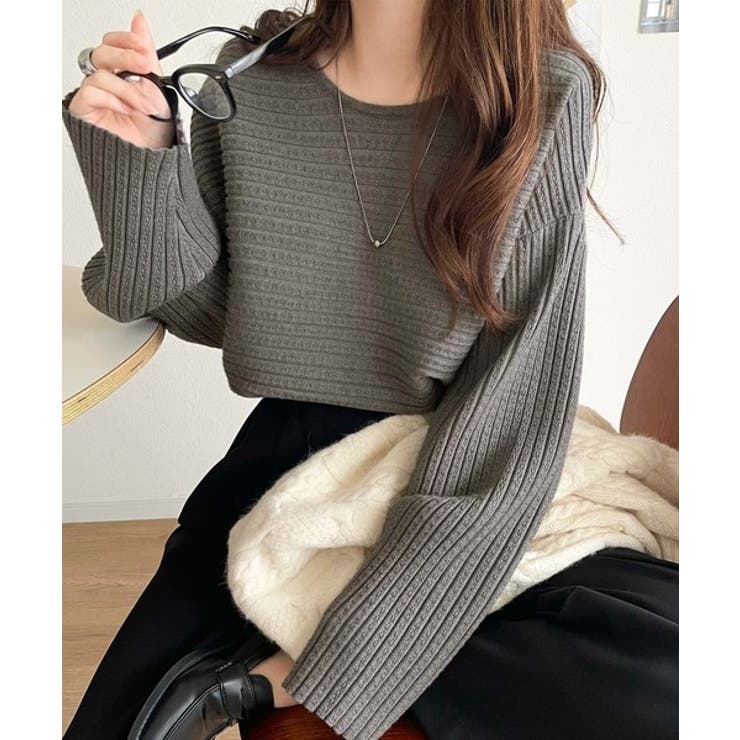 グレー | ゆるリブの抜け感。ドルマン袖クルーネックニットトップス（長袖） | Classical Elf 