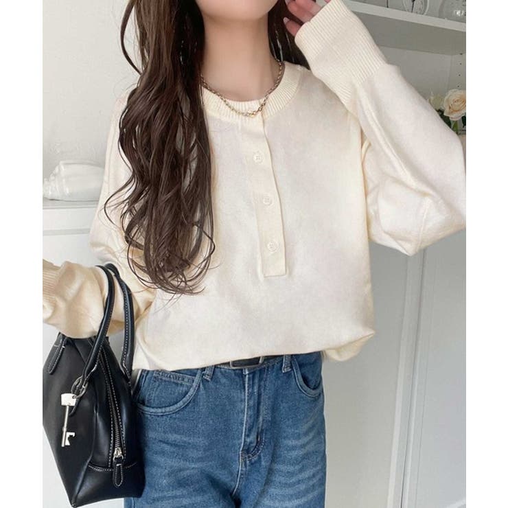 アイボリー | ニットのぬくもりに、少しのアクセント。前後2wayヘンリーネックニットプルオーバ… | Classical Elf 