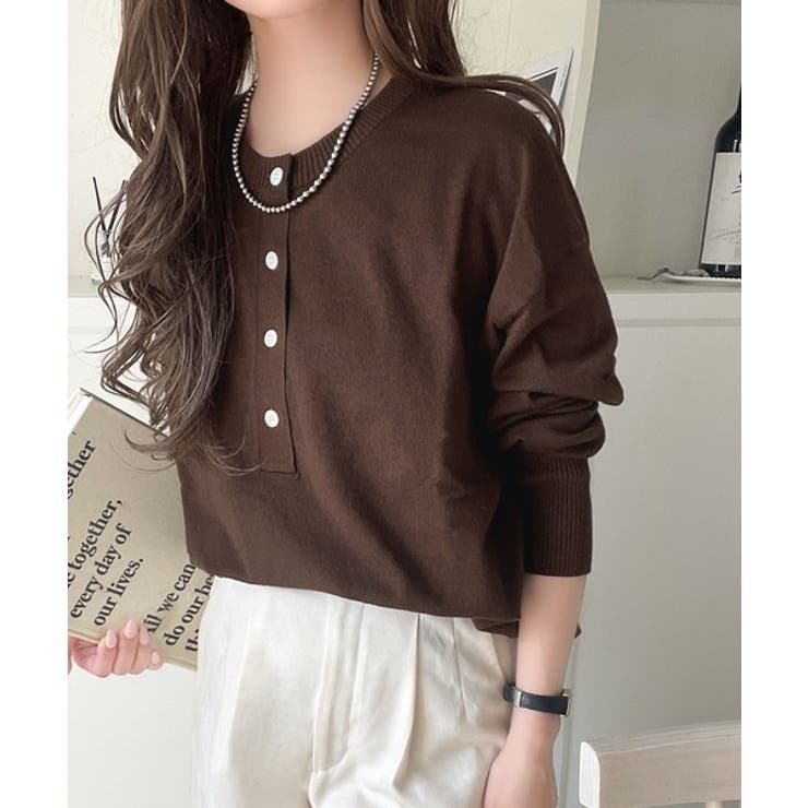 ブラウン | ニットのぬくもりに、少しのアクセント。前後2wayヘンリーネックニットプルオーバ… | Classical Elf 