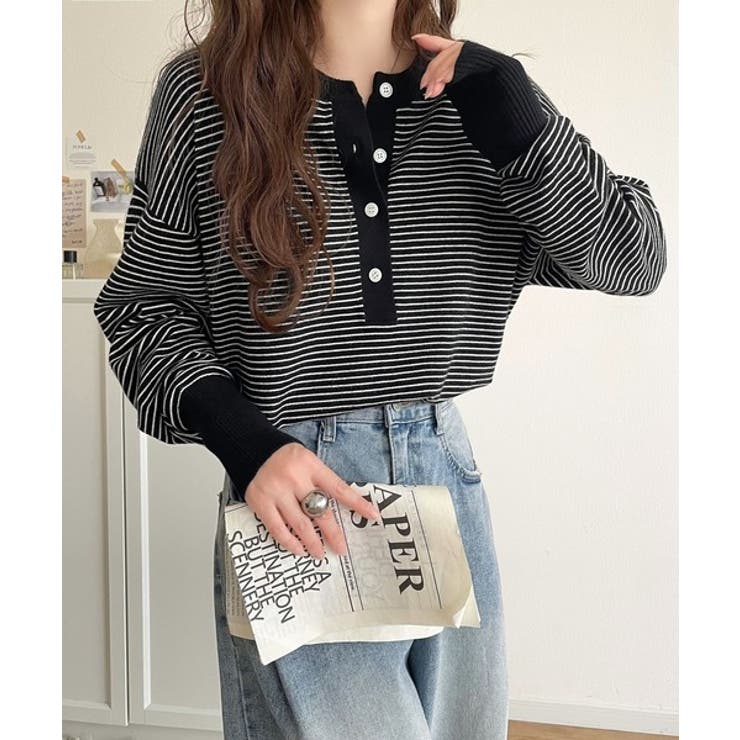 ブラックボーダーB | ニットのぬくもりに、少しのアクセント。前後2wayヘンリーネックニットプルオーバ… | Classical Elf 