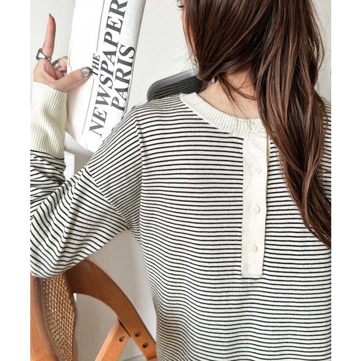 アイボリーボーダーB | ニットのぬくもりに、少しのアクセント。前後2wayヘンリーネックニットプルオーバ… | Classical Elf 