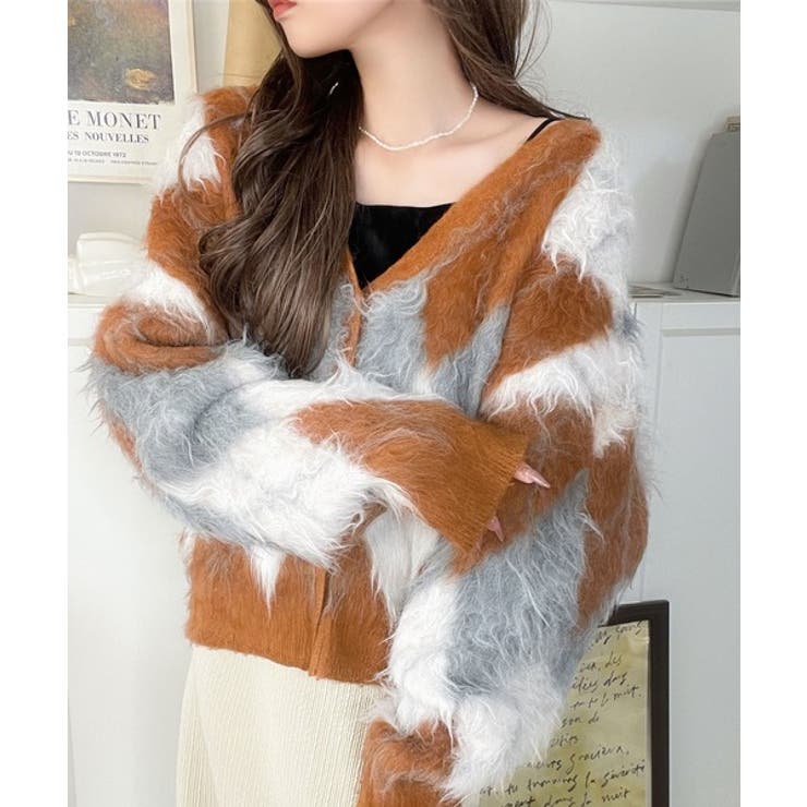 オレンジ | 羽織るだけで旬顔＆スタイルアップを叶える◎長起毛アーガイルカーディガン | Classical Elf 