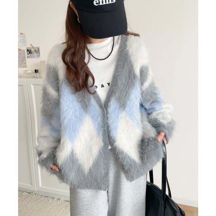 羽織るだけで旬顔＆スタイルアップを叶える◎長起毛アーガイルカーディガン | Classical Elf  | 詳細画像2 