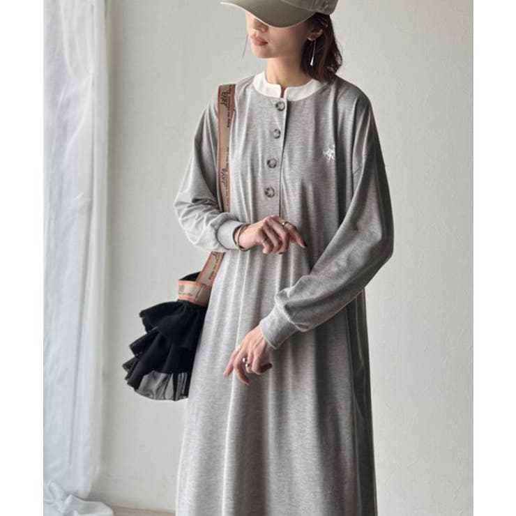 大人リラクシーで抜け感を。胸刺繍配色デザインヘンリーネックロングワンピース | Classical Elf  | 詳細画像7 