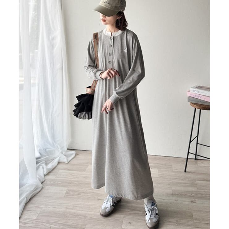 大人リラクシーで抜け感を。胸刺繍配色デザインヘンリーネックロングワンピース | Classical Elf  | 詳細画像8 