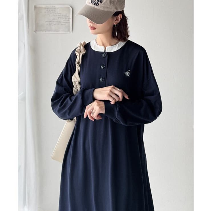 大人リラクシーで抜け感を。胸刺繍配色デザインヘンリーネックロングワンピース | Classical Elf  | 詳細画像15 