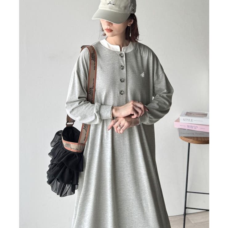 杢グレー | 大人リラクシーで抜け感を。胸刺繍配色デザインヘンリーネックロングワンピース | Classical Elf 