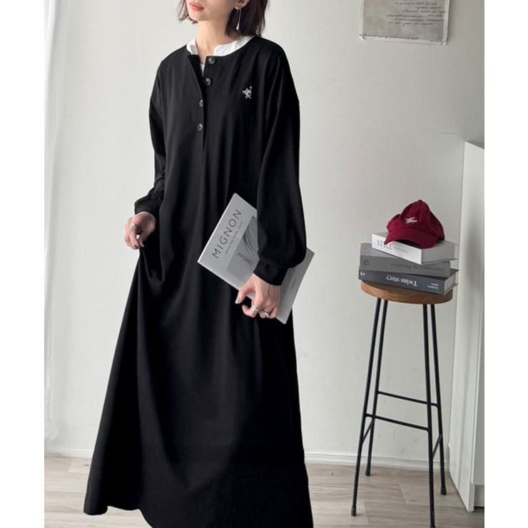 大人リラクシーで抜け感を。胸刺繍配色デザインヘンリーネックロングワンピース | Classical Elf  | 詳細画像2 