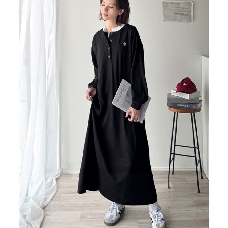 大人リラクシーで抜け感を。胸刺繍配色デザインヘンリーネックロングワンピース | Classical Elf  | 詳細画像4 