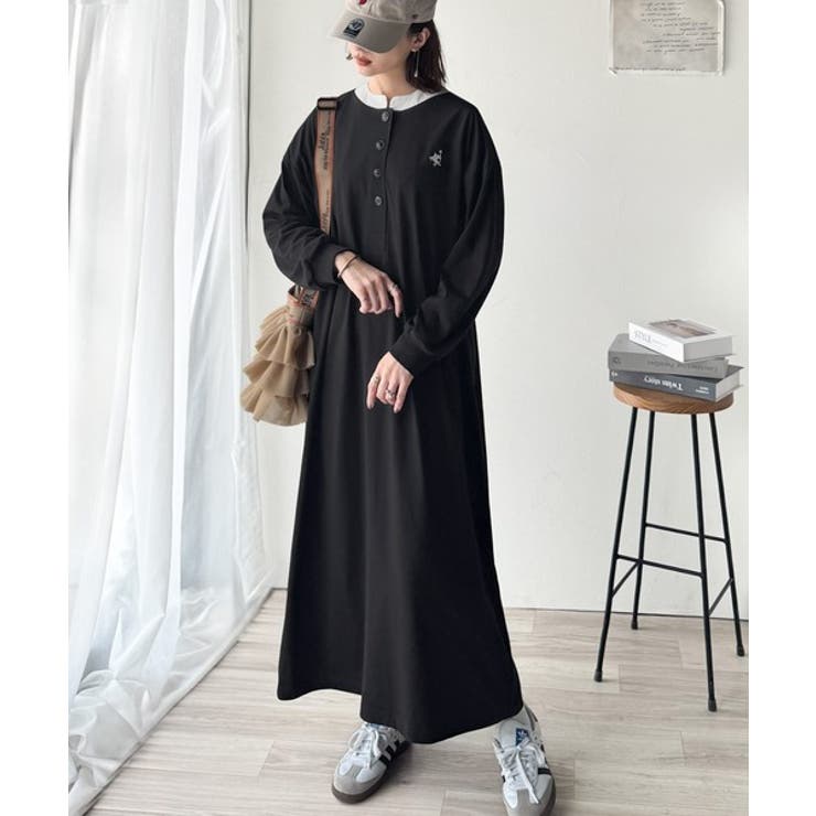 大人リラクシーで抜け感を。胸刺繍配色デザインヘンリーネックロングワンピース | Classical Elf  | 詳細画像6 