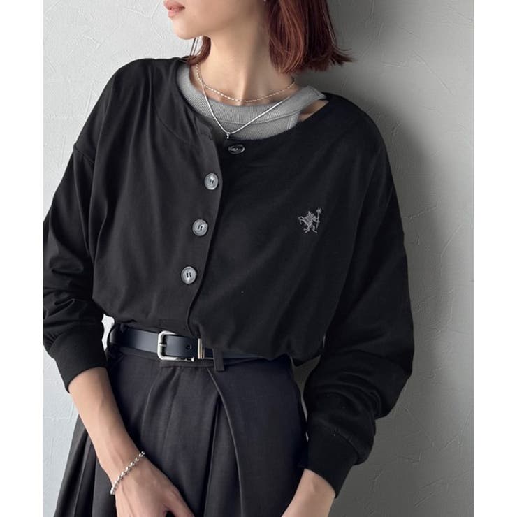 ブラック | 着回し力抜群♪リラックスシルエットで程よい抜け感◎胸刺繍ヘンリーネックトップス | Classical Elf 