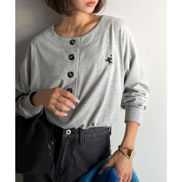 杢グレー | 着回し力抜群♪リラックスシルエットで程よい抜け感◎胸刺繍ヘンリーネックトップス | Classical Elf 