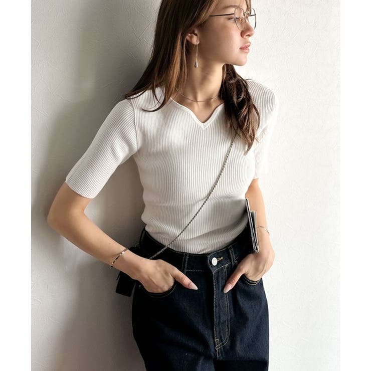 美デコルテを演出♪リブニットカーヴィーネックトップス（半袖） | Classical Elf  | 詳細画像6 