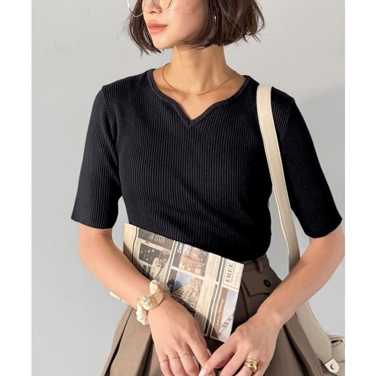 美デコルテを演出♪リブニットカーヴィーネックトップス（半袖） | Classical Elf  | 詳細画像8 