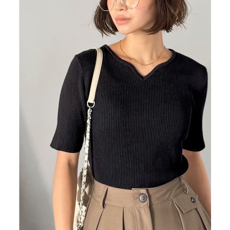美デコルテを演出♪リブニットカーヴィーネックトップス（半袖） | Classical Elf  | 詳細画像11 