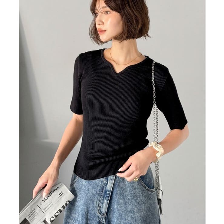 美デコルテを演出♪リブニットカーヴィーネックトップス（半袖） | Classical Elf  | 詳細画像14 