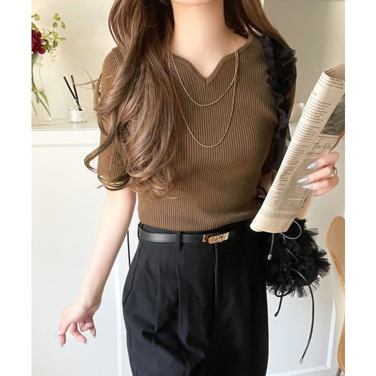 美デコルテを演出♪リブニットカーヴィーネックトップス（半袖） | Classical Elf  | 詳細画像21 