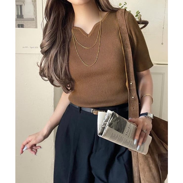 美デコルテを演出♪リブニットカーヴィーネックトップス（半袖） | Classical Elf  | 詳細画像22 