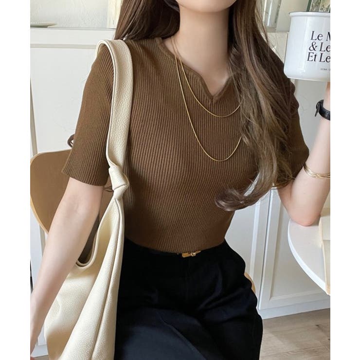 美デコルテを演出♪リブニットカーヴィーネックトップス（半袖） | Classical Elf  | 詳細画像25 