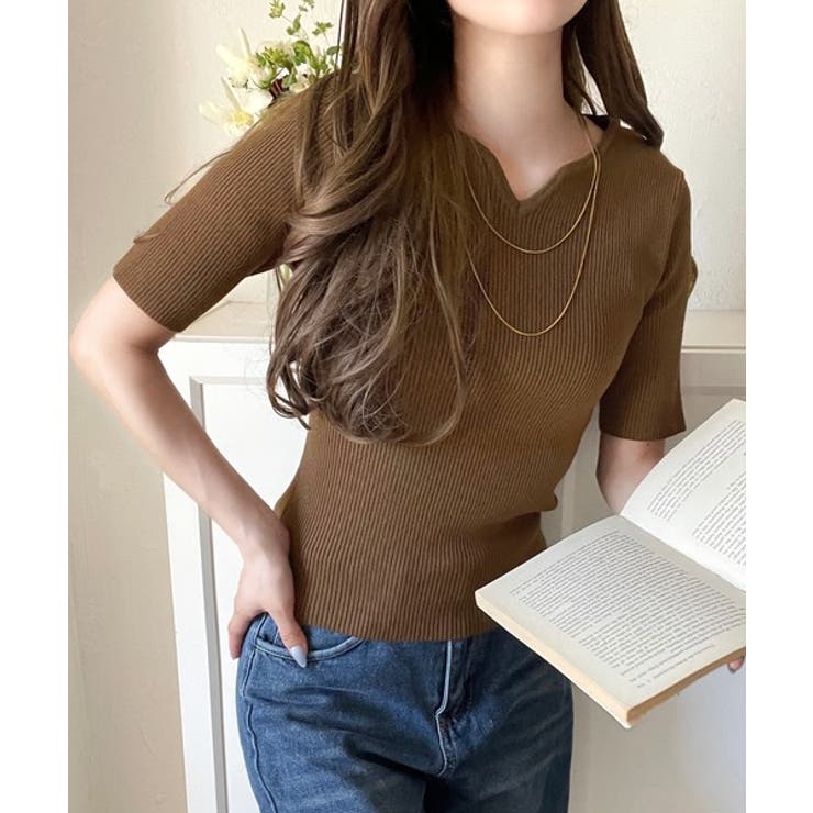美デコルテを演出♪リブニットカーヴィーネックトップス（半袖） | Classical Elf  | 詳細画像26 