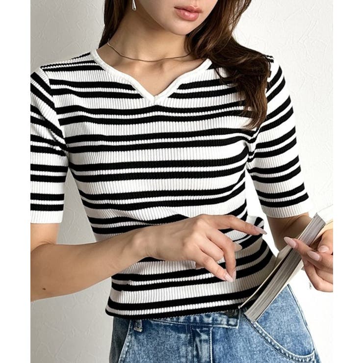 美デコルテを演出♪リブニットカーヴィーネックトップス（半袖） | Classical Elf  | 詳細画像27 