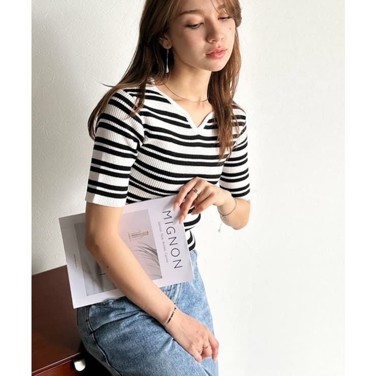 美デコルテを演出♪リブニットカーヴィーネックトップス（半袖） | Classical Elf  | 詳細画像29 