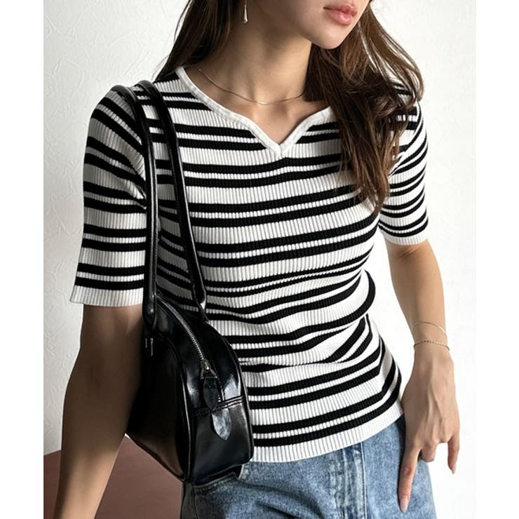 ボーダー | 美デコルテを演出♪リブニットカーヴィーネックトップス（半袖） | Classical Elf 