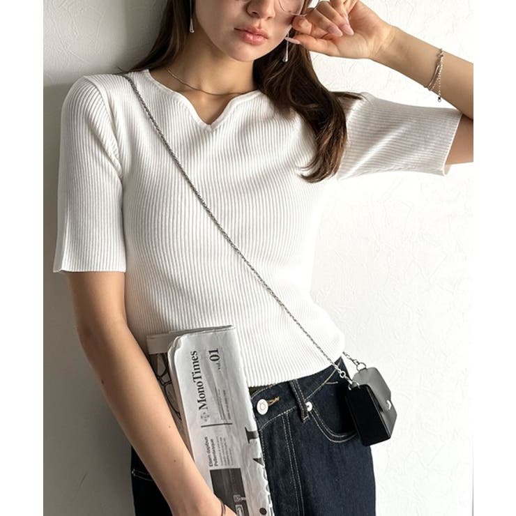 美デコルテを演出♪リブニットカーヴィーネックトップス（半袖） | Classical Elf  | 詳細画像5 