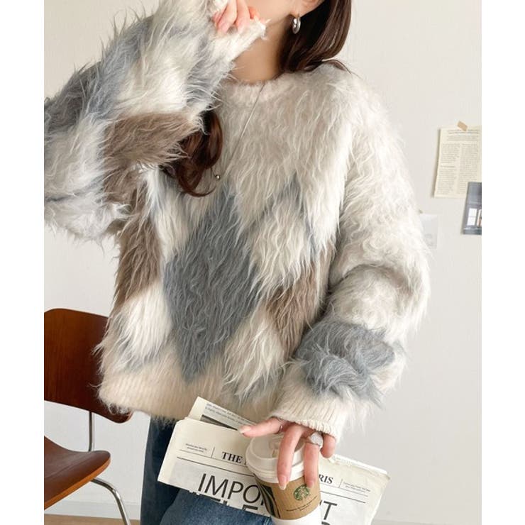 アイボリー | シンプルコーデに差をつける一着。長起毛アーガイル柄ニットプルオーバー | Classical Elf 