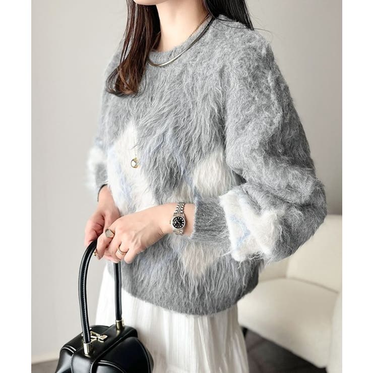 シンプルコーデに差をつける一着。長起毛アーガイル柄ニットプルオーバー | Classical Elf  | 詳細画像12 