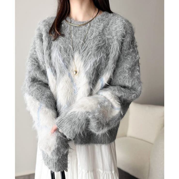 シンプルコーデに差をつける一着。長起毛アーガイル柄ニットプルオーバー | Classical Elf  | 詳細画像14 