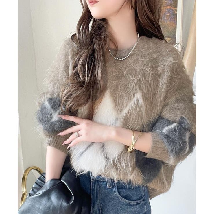 シンプルコーデに差をつける一着。長起毛アーガイル柄ニットプルオーバー | Classical Elf  | 詳細画像32 