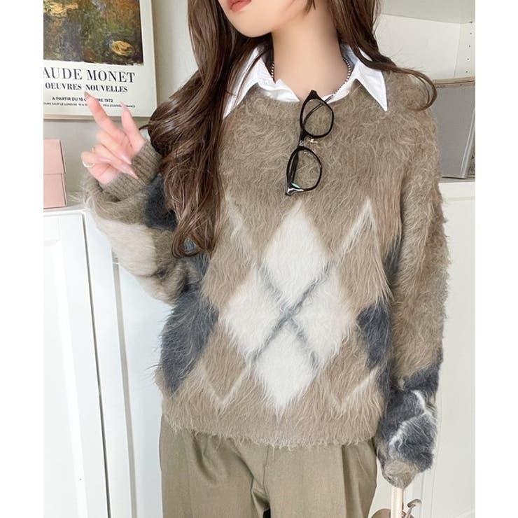 シンプルコーデに差をつける一着。長起毛アーガイル柄ニットプルオーバー | Classical Elf  | 詳細画像35 