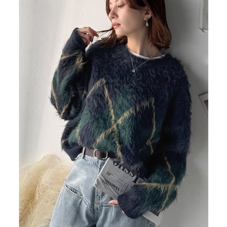 シンプルコーデに差をつける一着。長起毛アーガイル柄ニットプルオーバー | Classical Elf  | 詳細画像39 