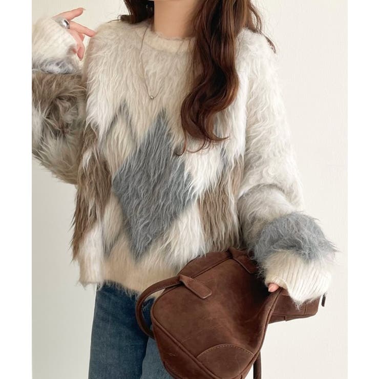 シンプルコーデに差をつける一着。長起毛アーガイル柄ニットプルオーバー | Classical Elf  | 詳細画像1 