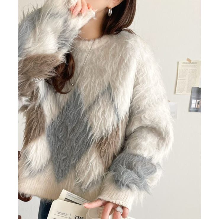 シンプルコーデに差をつける一着。長起毛アーガイル柄ニットプルオーバー | Classical Elf  | 詳細画像2 