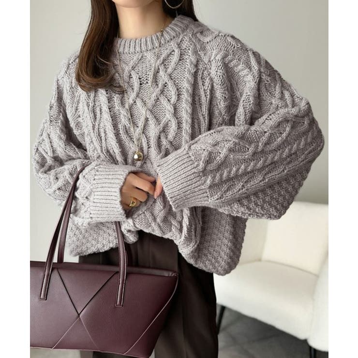グレー | ざっくり感で一瞬でこなれ顔◎立体アラン柄ローゲージケーブルニット | Classical Elf 