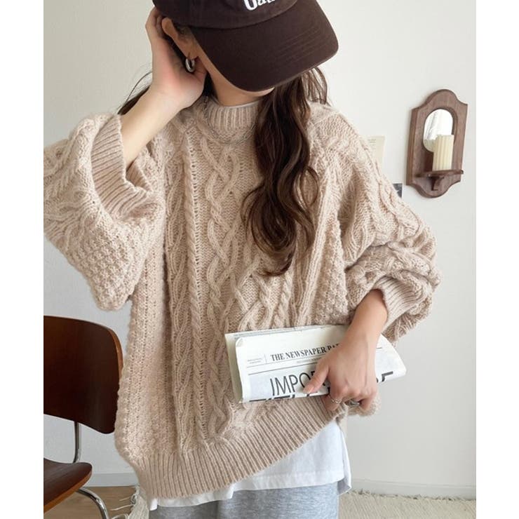 ベージュ | ざっくり感で一瞬でこなれ顔◎立体アラン柄ローゲージケーブルニット | Classical Elf 