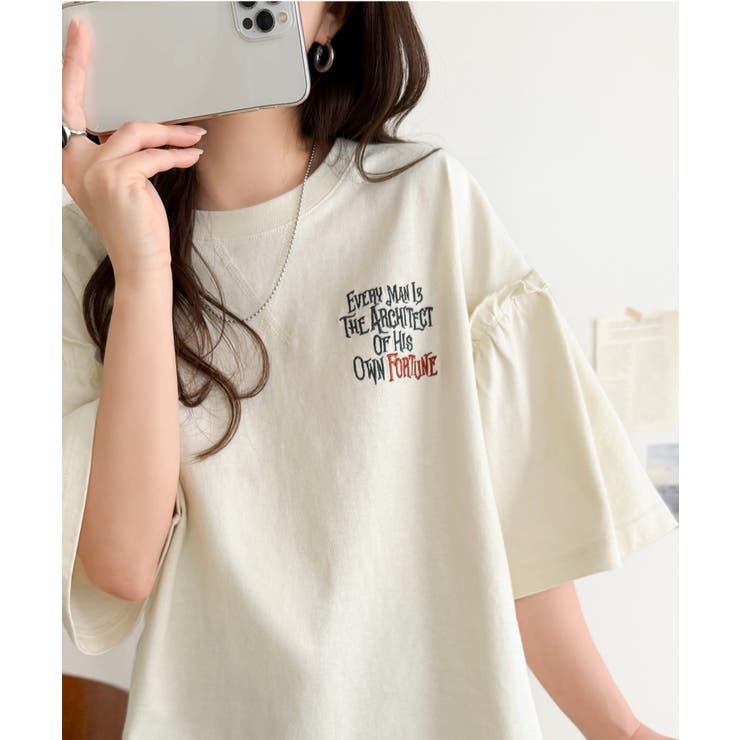 ほどよい甘さと抜け感を。大人かわいい綿100%袖フリル胸刺繍トップス(半袖) | Classical Elf  | 詳細画像16 