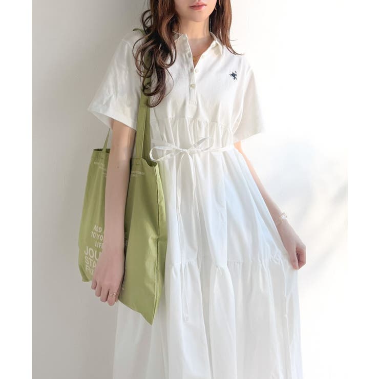 ホワイト | 異素材ミックスが目を惹く。胸刺繍ポロ衿布帛切り替えカットティアードワンピース（半… | Classical Elf 