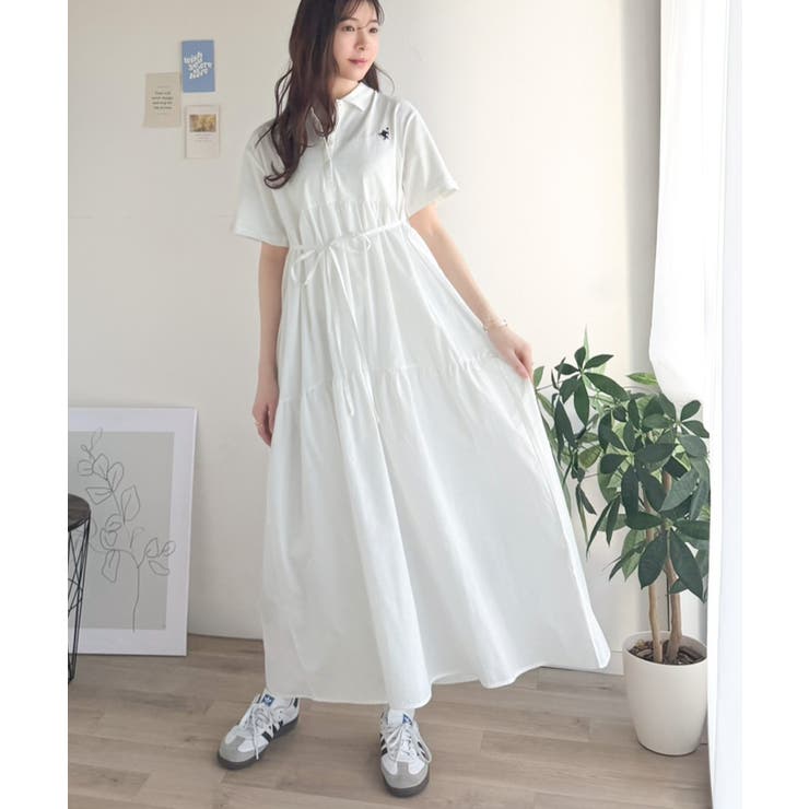 異素材ミックスが目を惹く。胸刺繍ポロ衿布帛切り替えカットティアードワンピース（半… | Classical Elf  | 詳細画像5 