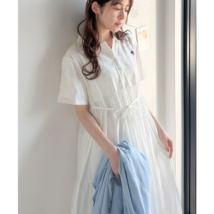 異素材ミックスが目を惹く。胸刺繍ポロ衿布帛切り替えカットティアードワンピース（半… | Classical Elf  | 詳細画像6 