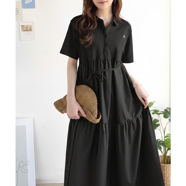 異素材ミックスが目を惹く。胸刺繍ポロ衿布帛切り替えカットティアードワンピース（半… | Classical Elf  | 詳細画像10 