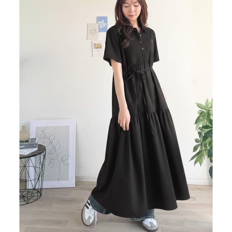 異素材ミックスが目を惹く。胸刺繍ポロ衿布帛切り替えカットティアードワンピース（半… | Classical Elf  | 詳細画像12 